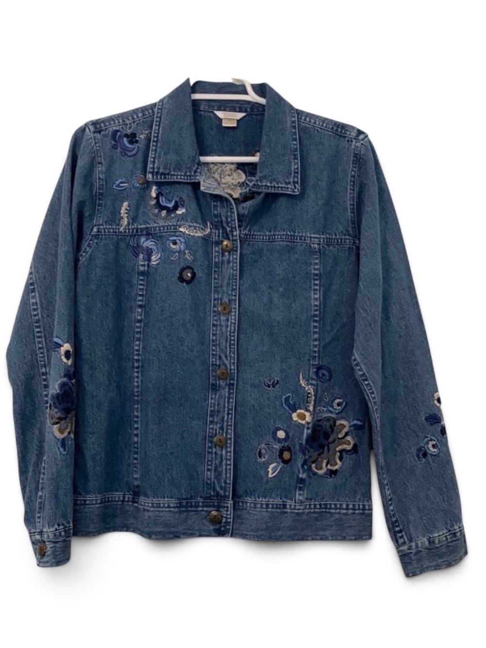 CHRISTOPHER & BANKS WOMENS DENIM JACKET EMBROIDERED FLORAL BLUES Y2K FEMININE